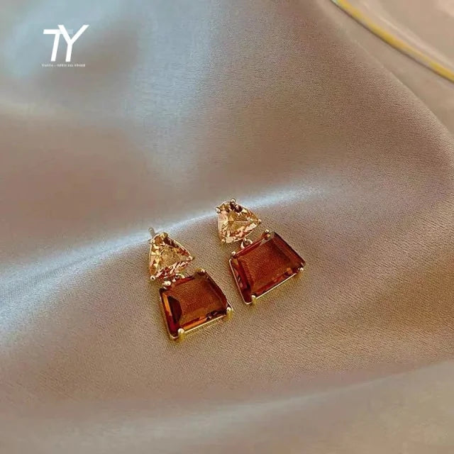 Geometric Tawny Crystal Square Gold Earrings