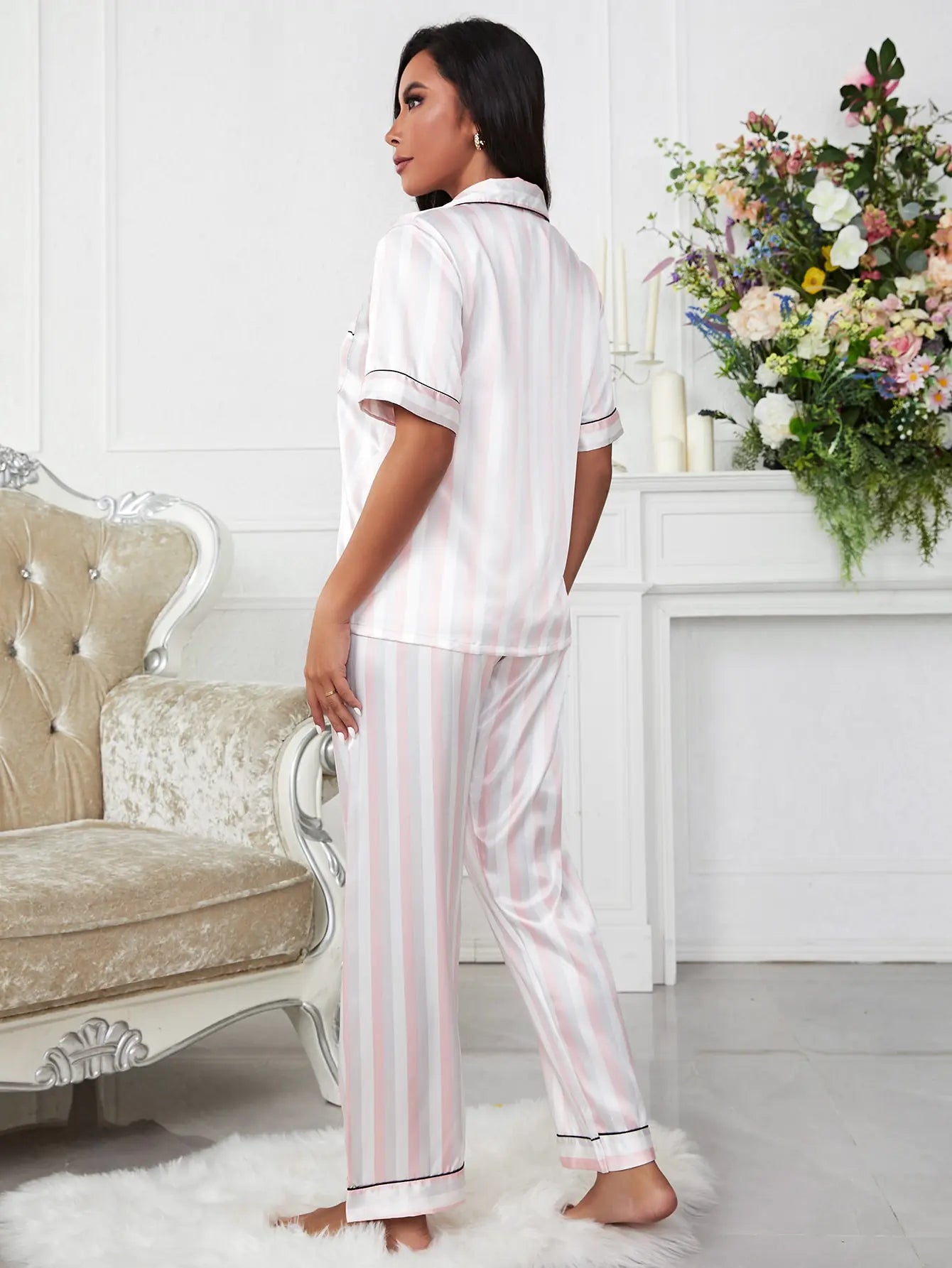 Women's Sexy Pink Silk Satin Pajama Set - 2 Piece Sleepwear