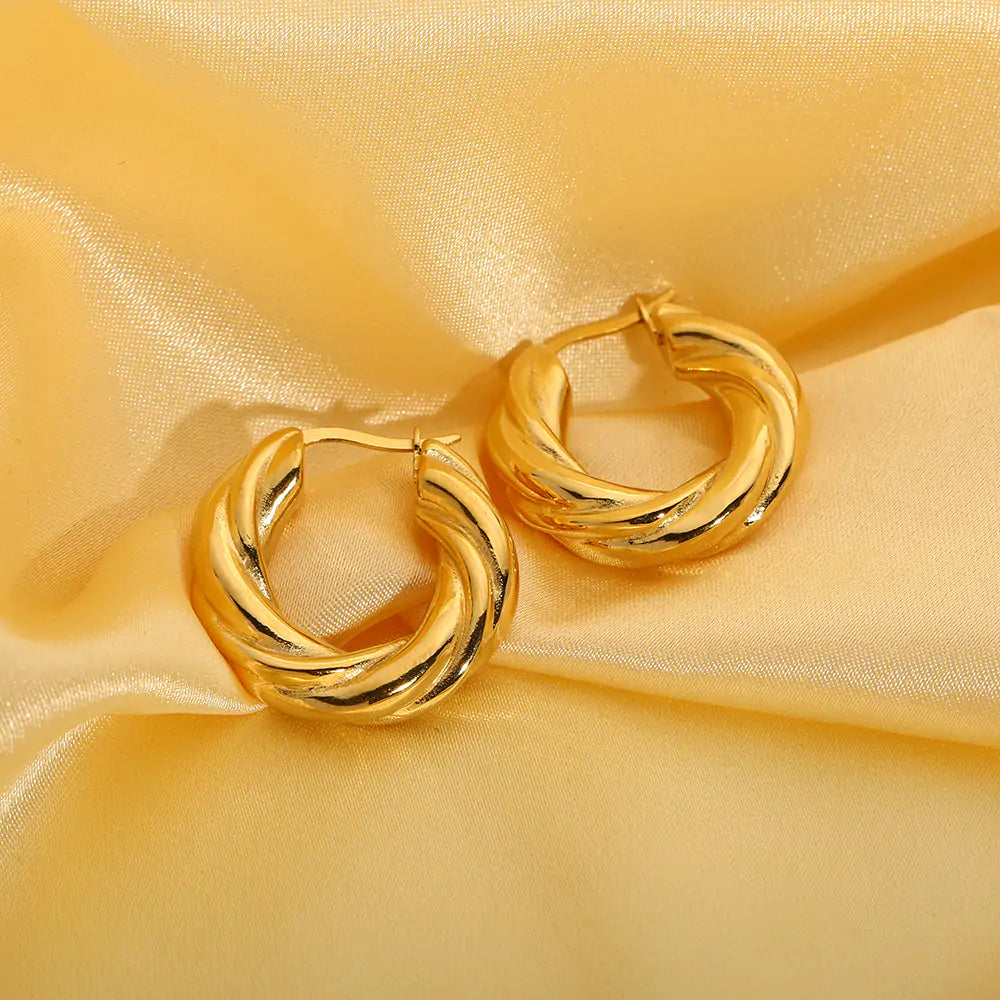 18K Gold Twist Hoop Earrings: Stainless Steel Chunky Curve Earring
