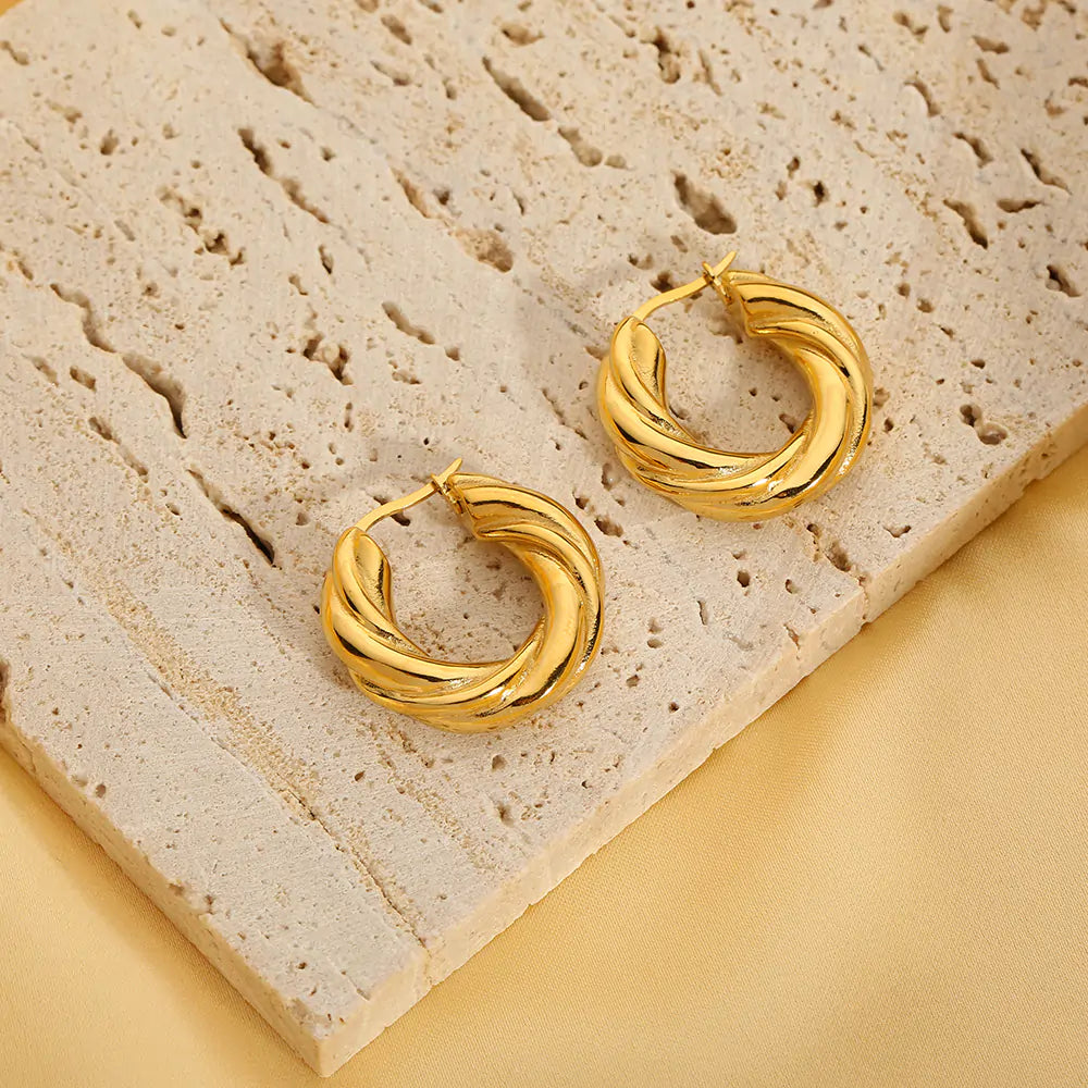 18K Gold Twist Hoop Earrings: Stainless Steel Chunky Curve Earring